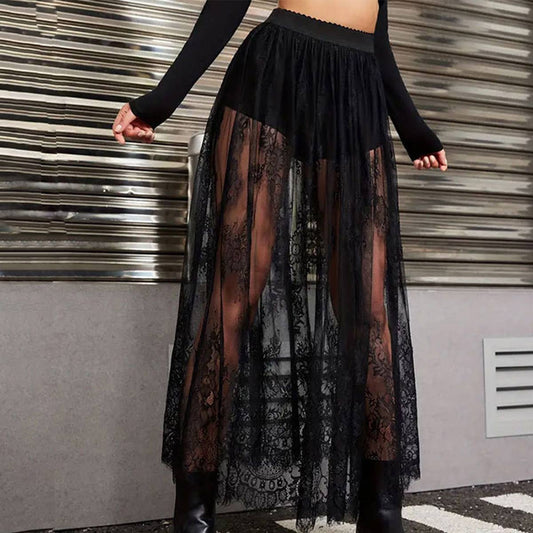 Dark Gothic lace see-through high-waisted skirt