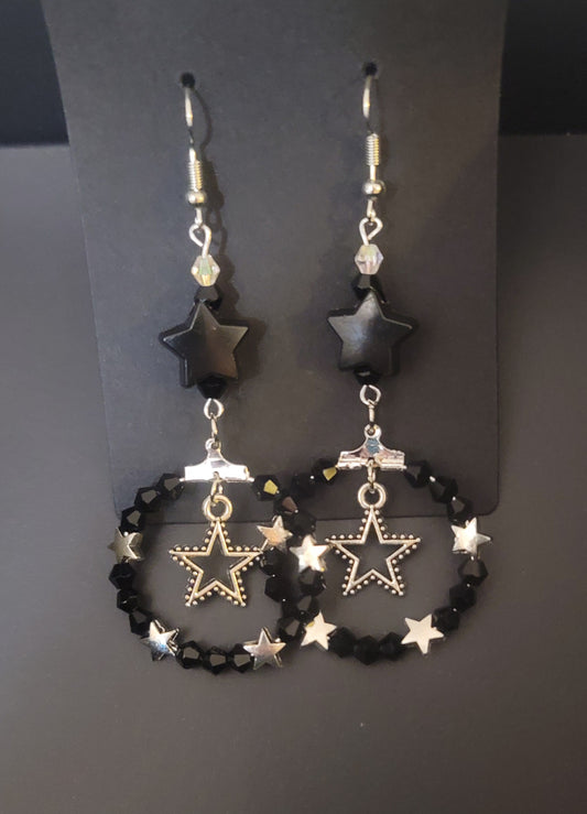 Black Crystal & Star Charm Dangle Earrings