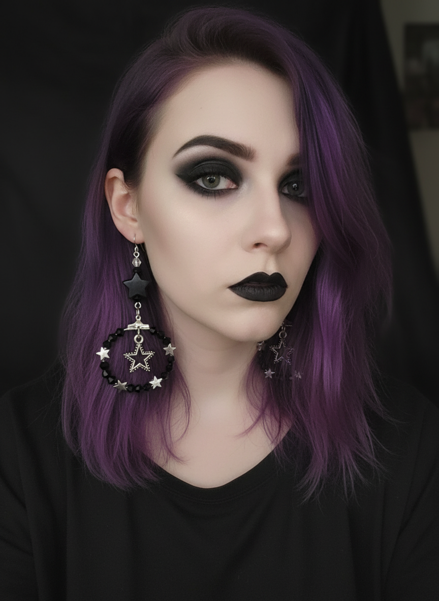 Black Crystal & Star Charm Dangle Earrings