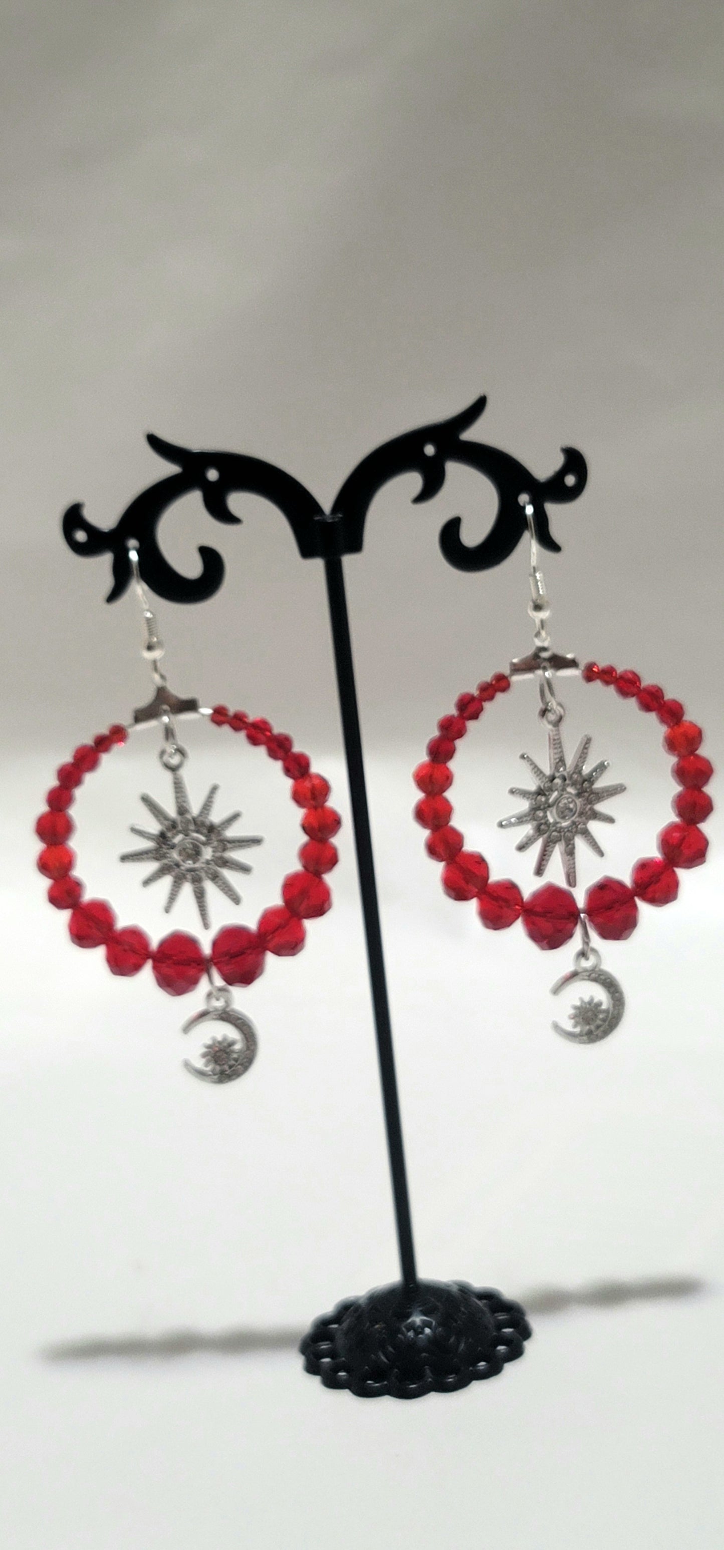 Garnet Red Beaded Hoop Earrings Celestial Sun Star and Moon Charm Dangles