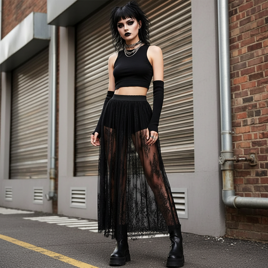 Dark Gothic lace see-through high-waisted skirt
