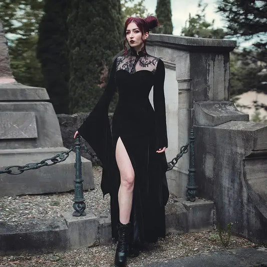 Gothic Sexy Lace Hollow Long Bell Sleeve Split Dress