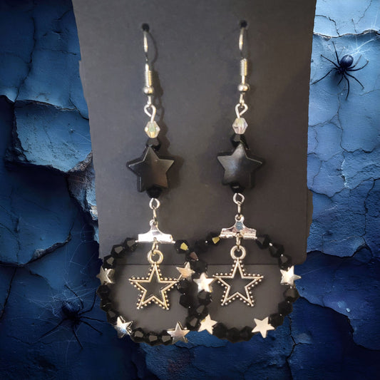 Black Crystal & Star Charm Dangle Earrings