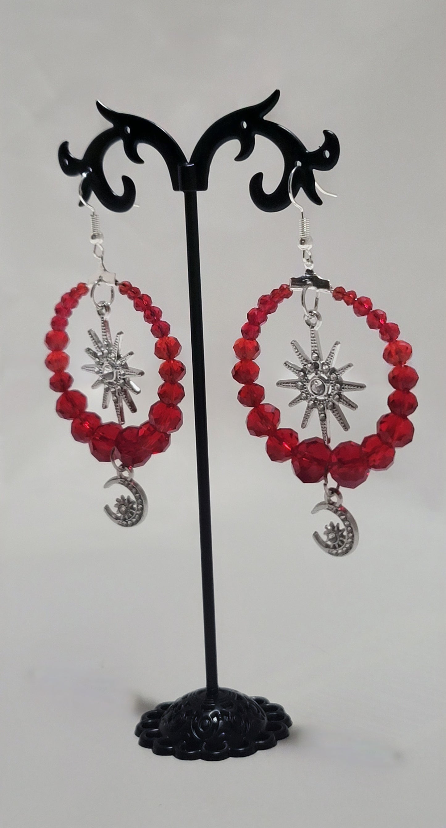 Garnet Red Beaded Hoop Earrings Celestial Sun Star and Moon Charm Dangles