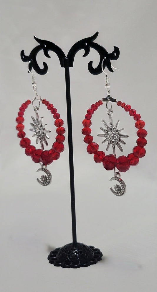 Garnet Red Beaded Hoop Earrings Celestial Sun Star and Moon Charm Dangles