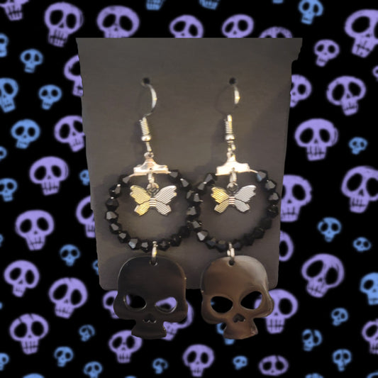 Edgy Butterfly and Skull Crystal Hoops