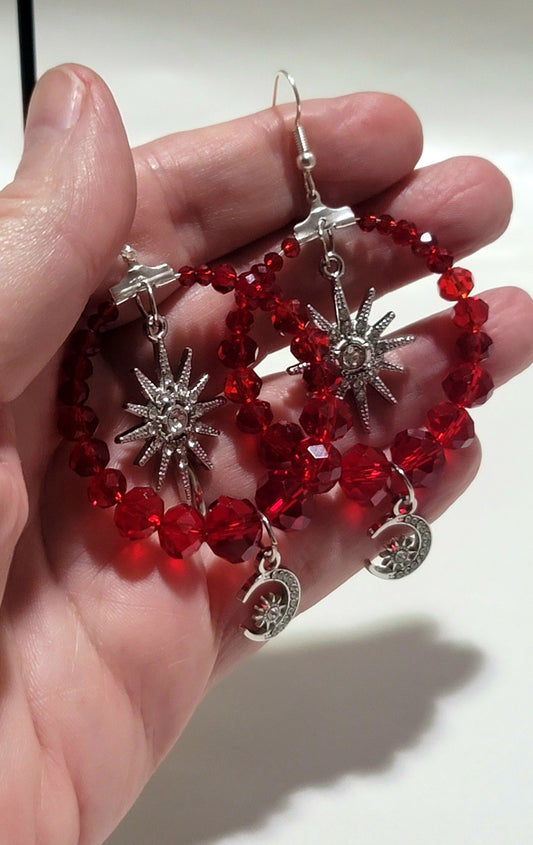 Garnet Red Beaded Hoop Earrings Celestial Sun Star and Moon Charm Dangles