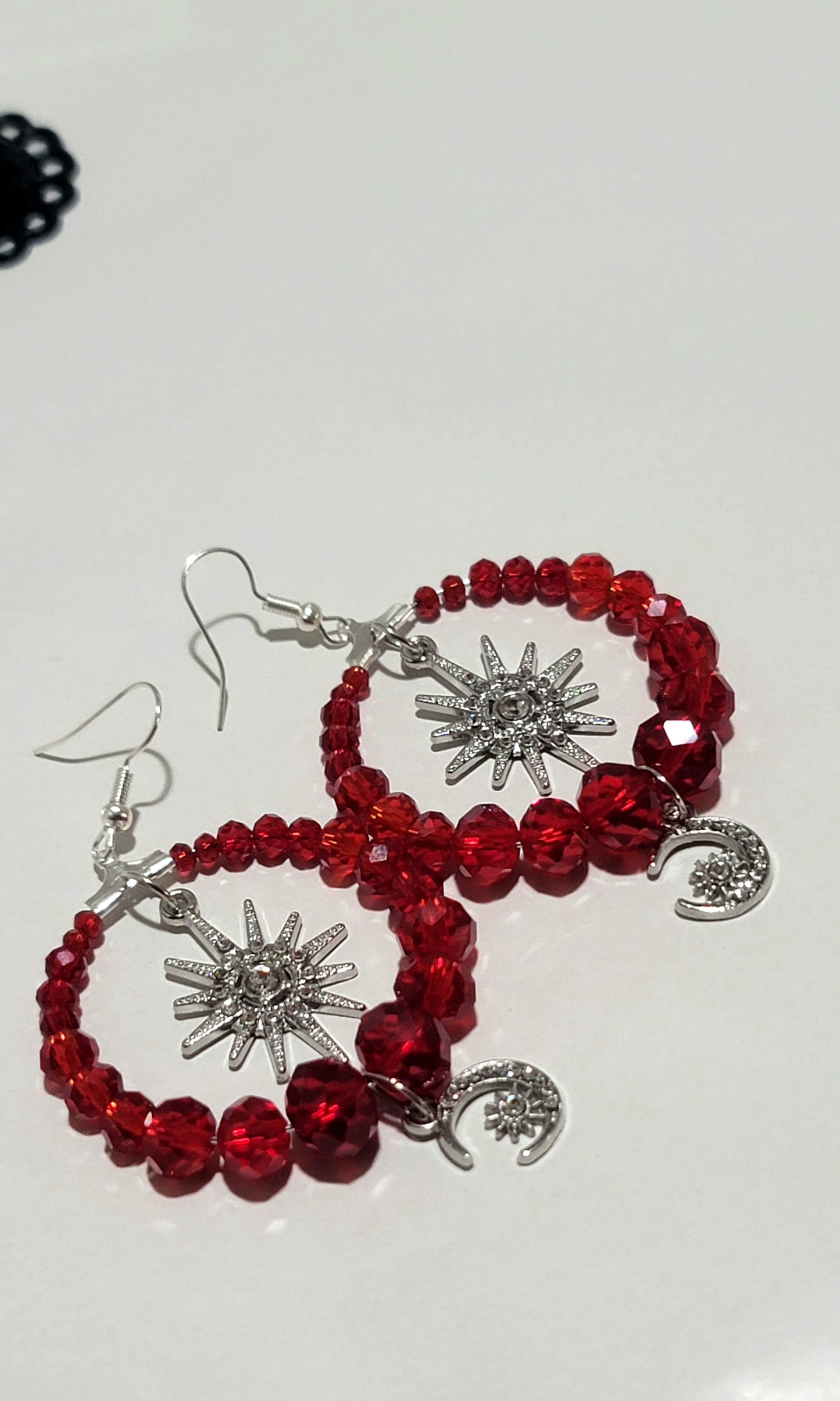 Garnet Red Beaded Hoop Earrings Celestial Sun Star and Moon Charm Dangles